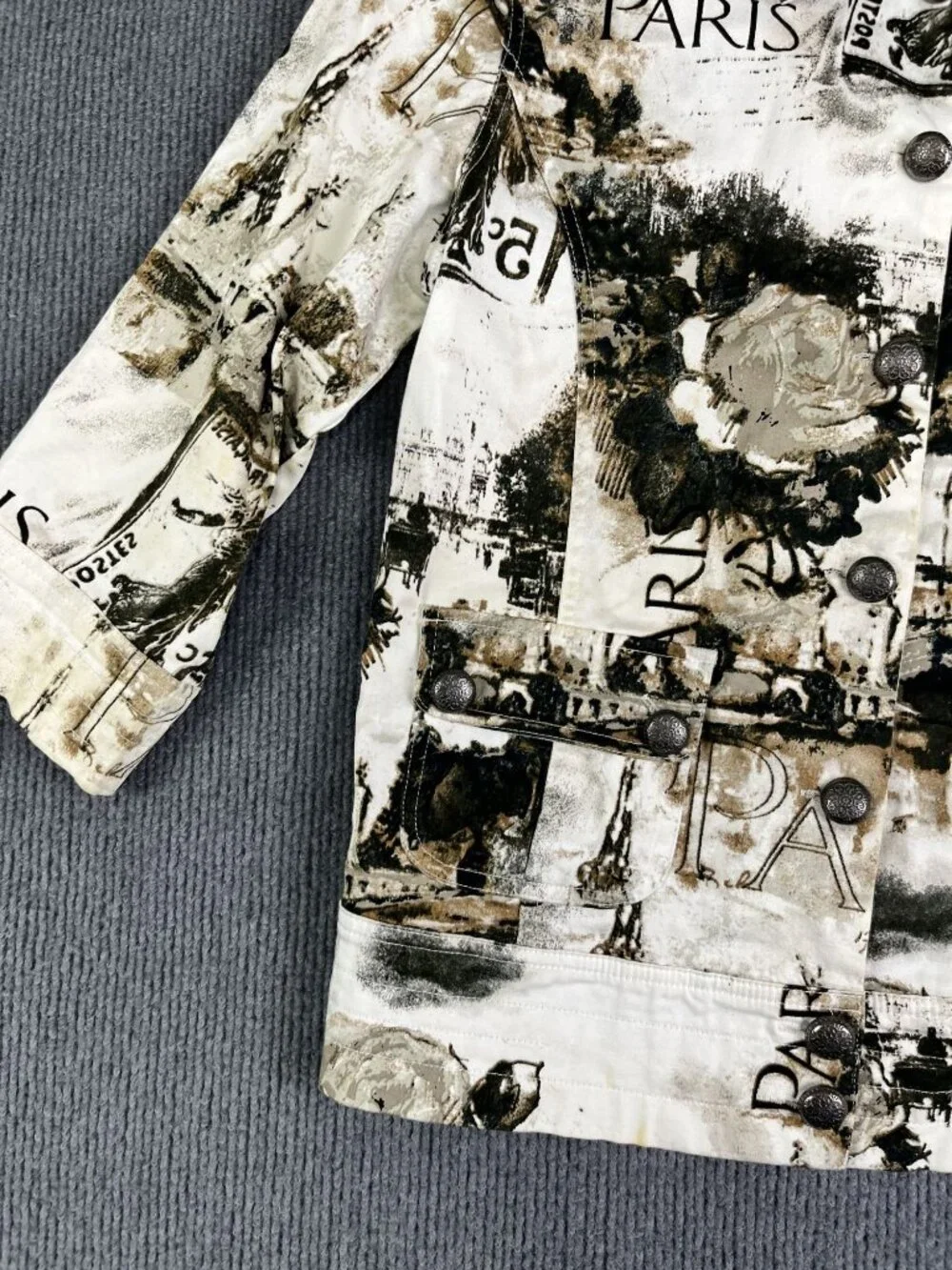 Womens Cream Black Paris Eiffel Tower Print Button Front Jacket Small
